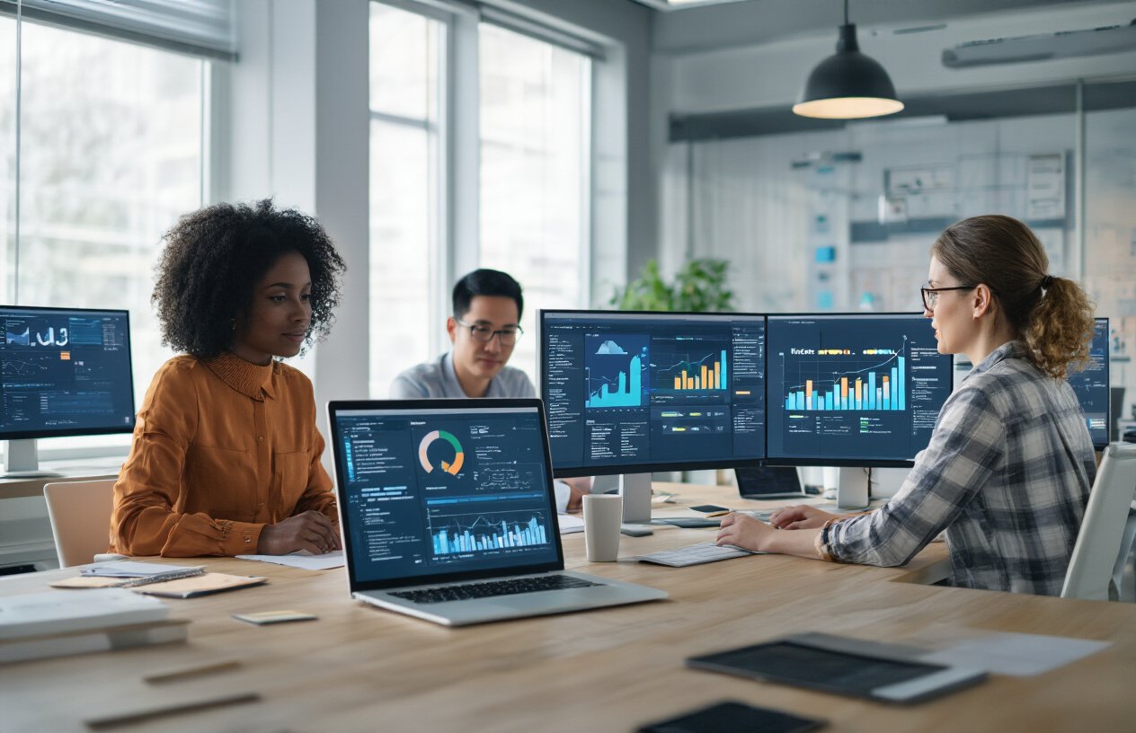 Create a realistic image of a diverse content team (black female, Asian male, white female) collaborating at a modern office desk with multiple AI writing tools displayed on screens, showing graphs of improved productivity, with a soft, professional lighting that creates an atmosphere of accomplishment and efficiency.