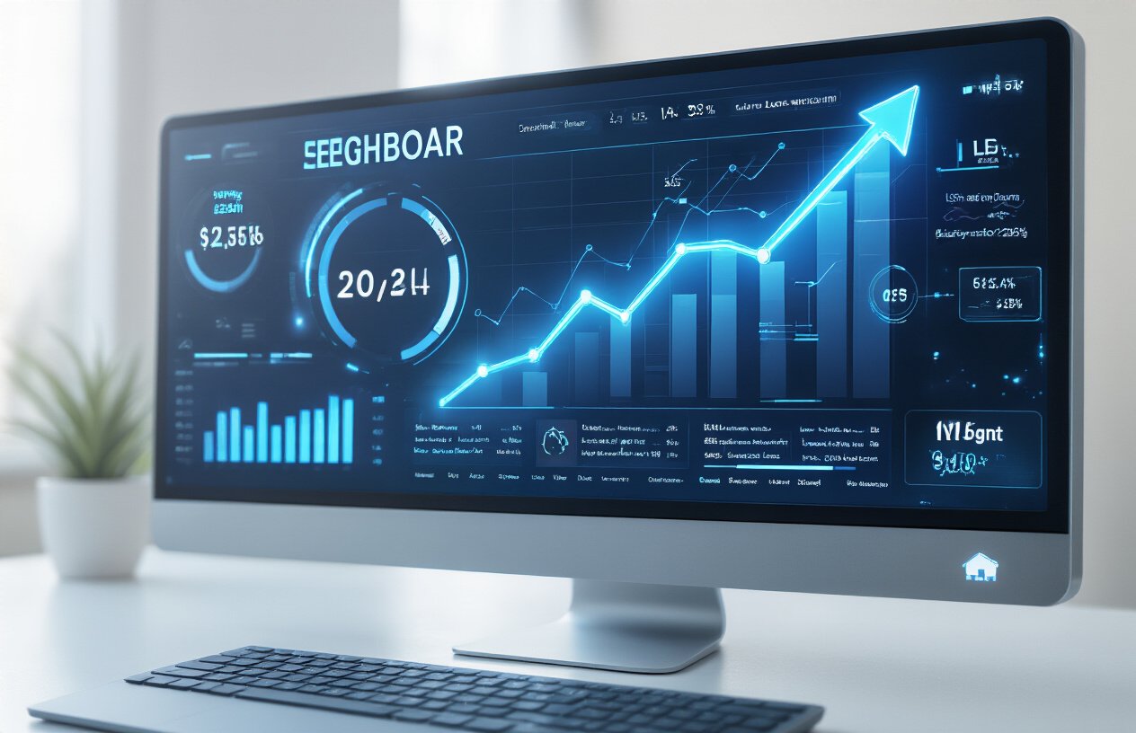 Create a realistic image of a futuristic SEO dashboard displayed on a sleek computer screen showing rising analytics graphs with AI elements, search rankings, and LLM integration icons, with soft blue lighting highlighting key performance metrics and a small "2025" indicator in the corner.